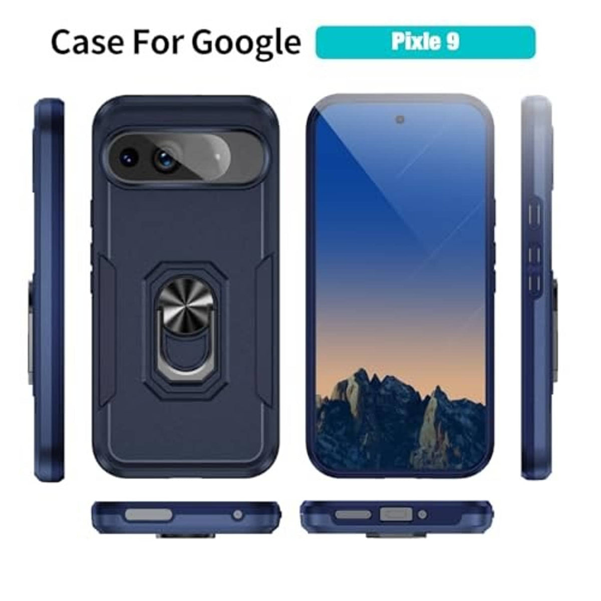 Dark blue phone case set showing front, back, and side port cutouts with ring