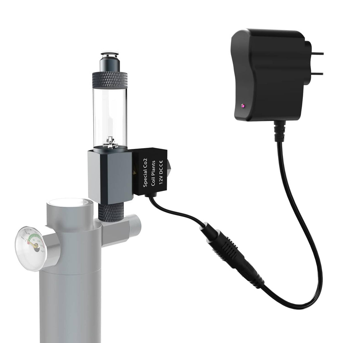 CO2 solenoid valve adapter with power plug, silver and black 12V DC control