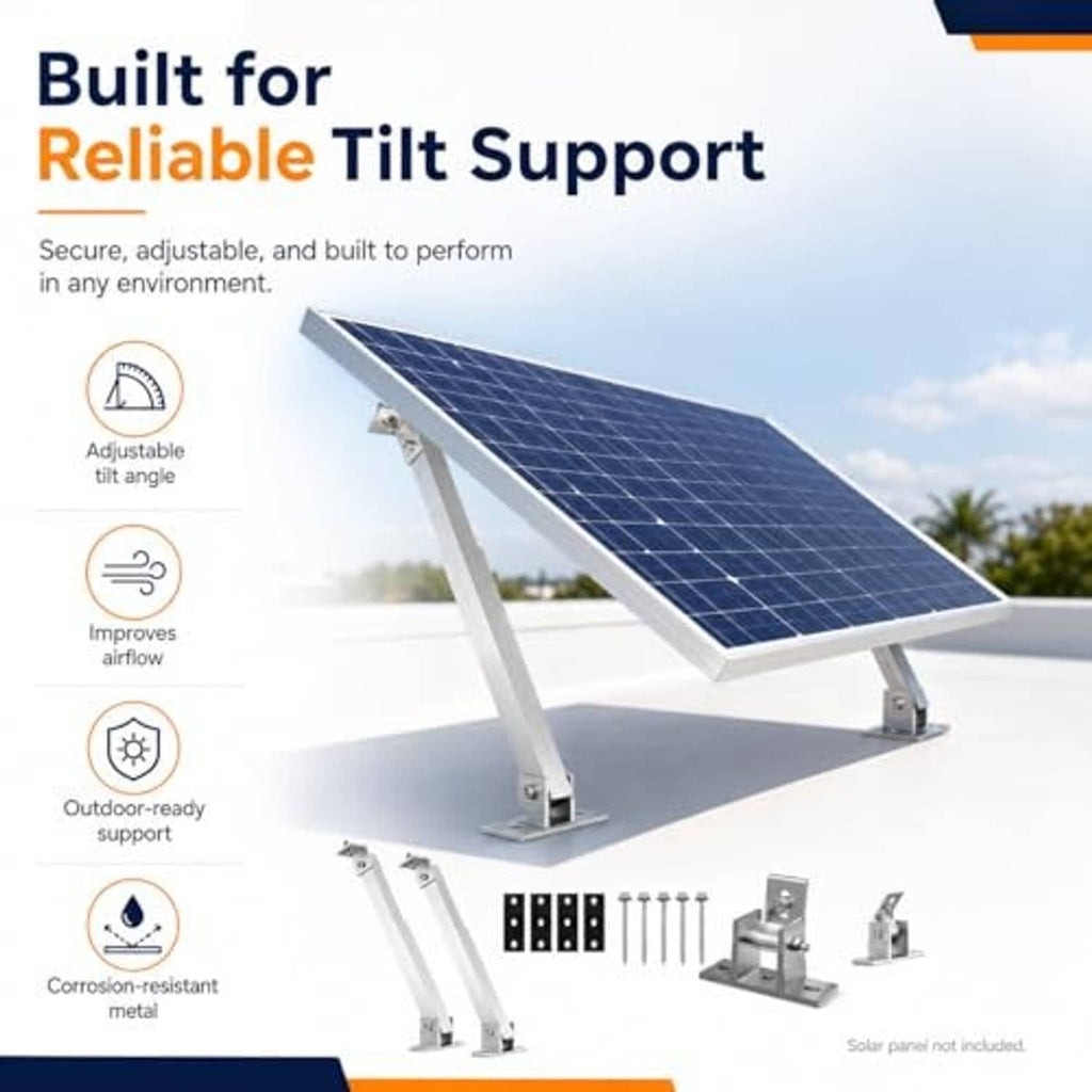 Adjustable solar panel tilt mount with silver rails, clamp bases, and included hardware set