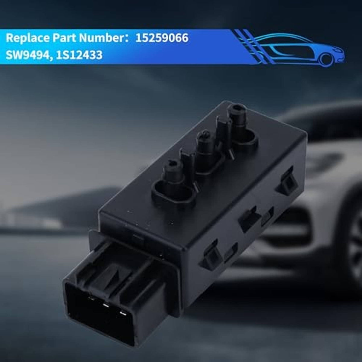 Black power seat switch module in view with multi-pin top and front connector plug