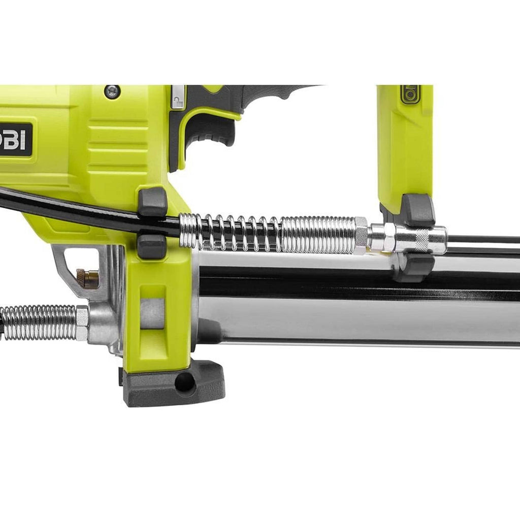 Cordless grease gun close-up of black barrel, spring rod, and metal fitting
