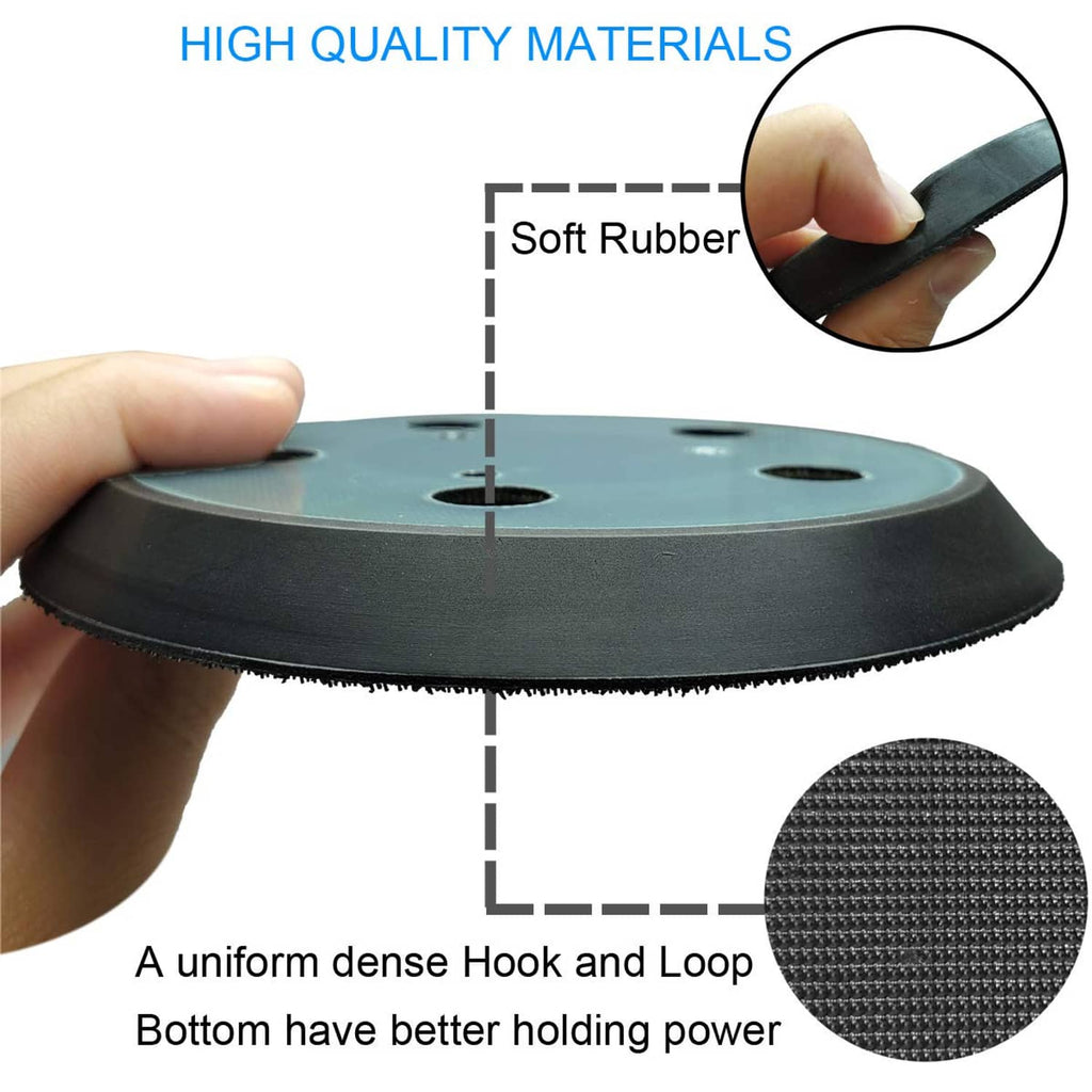 5-inch round sanding pad with dark rubber edge, blue hook-and-loop base, mounting holes