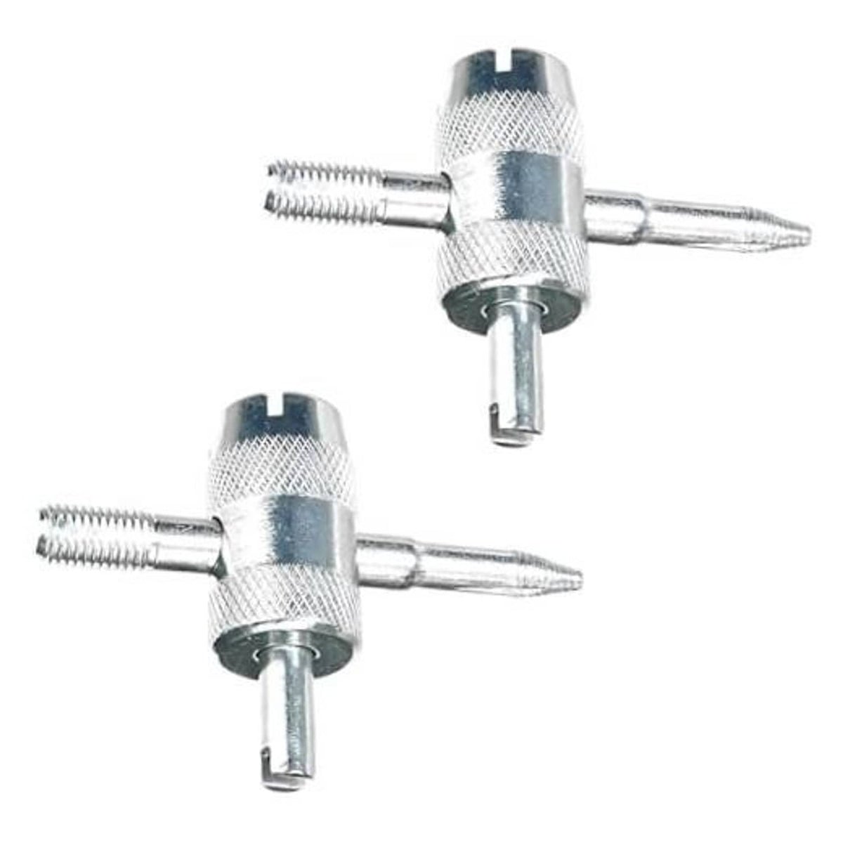 4-way tire valve core tool set, 2-piece metal tool with removable core pin and bits