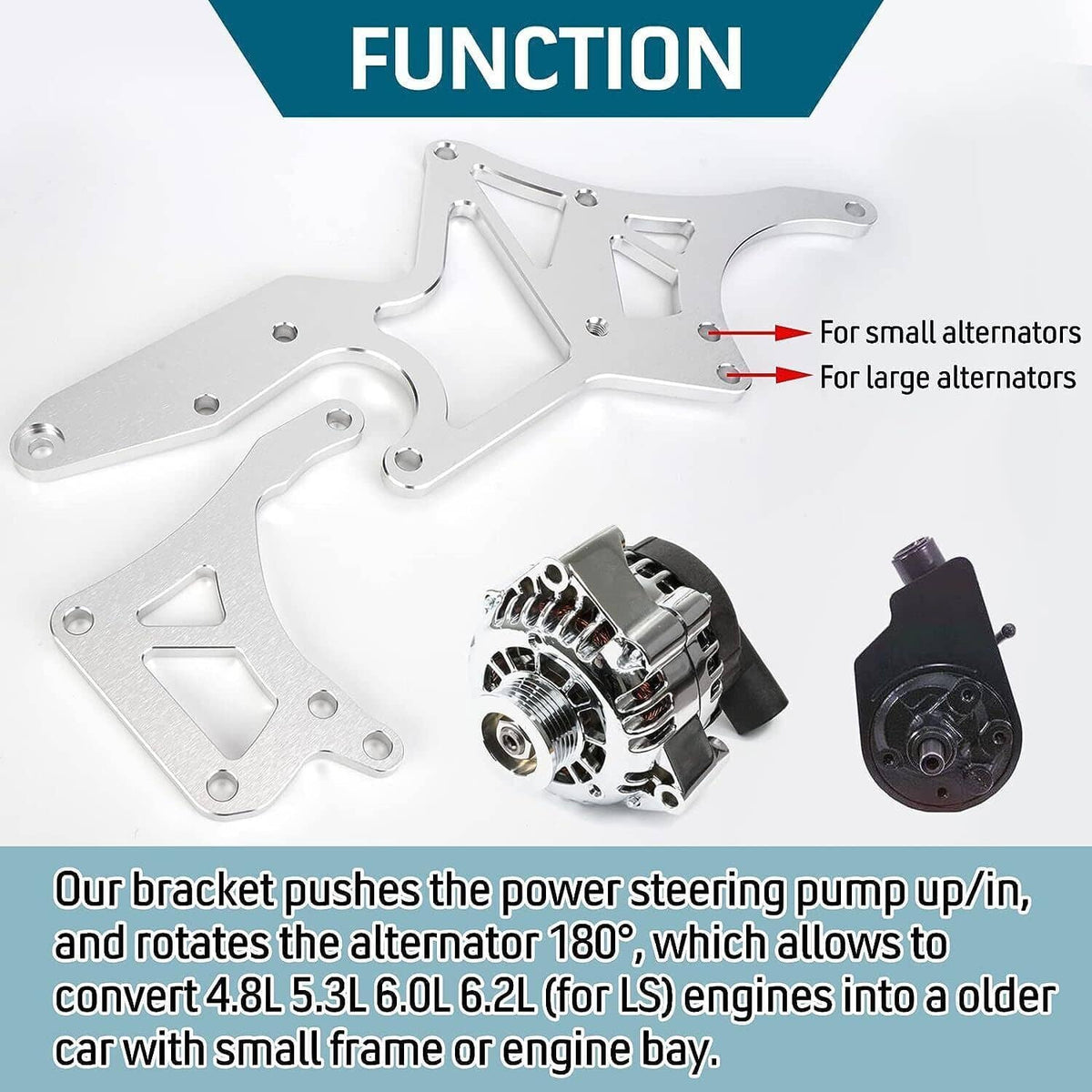 Silver aluminum serpentine brackets with mounting points, shown with alternator hardware