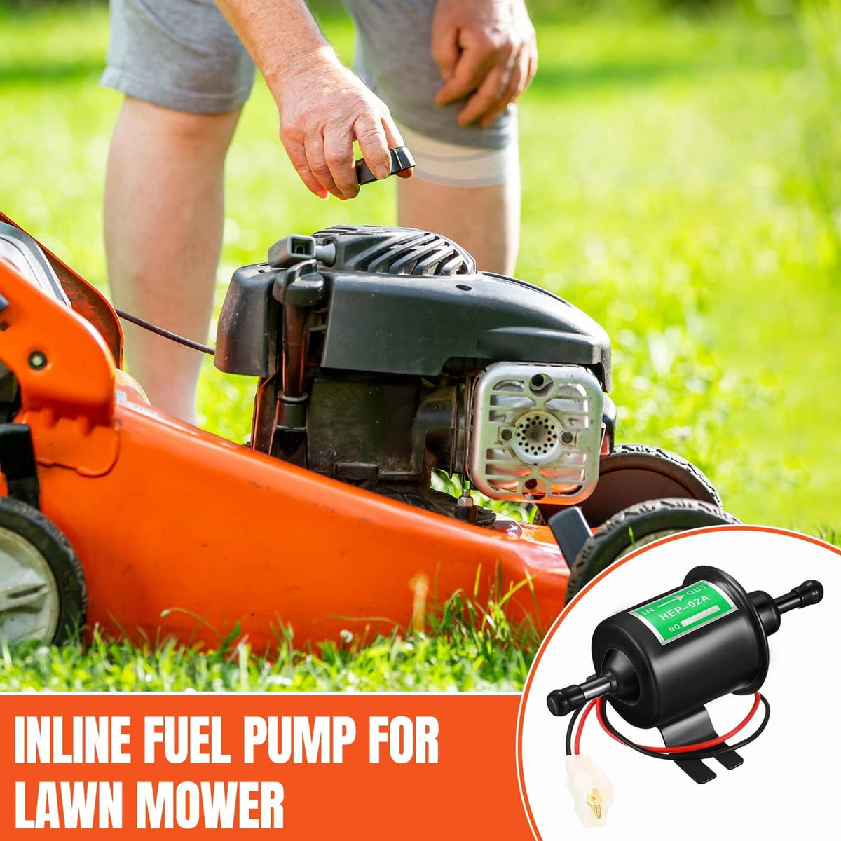 Inline electric fuel pump for lawn equipment, black canister with power wires