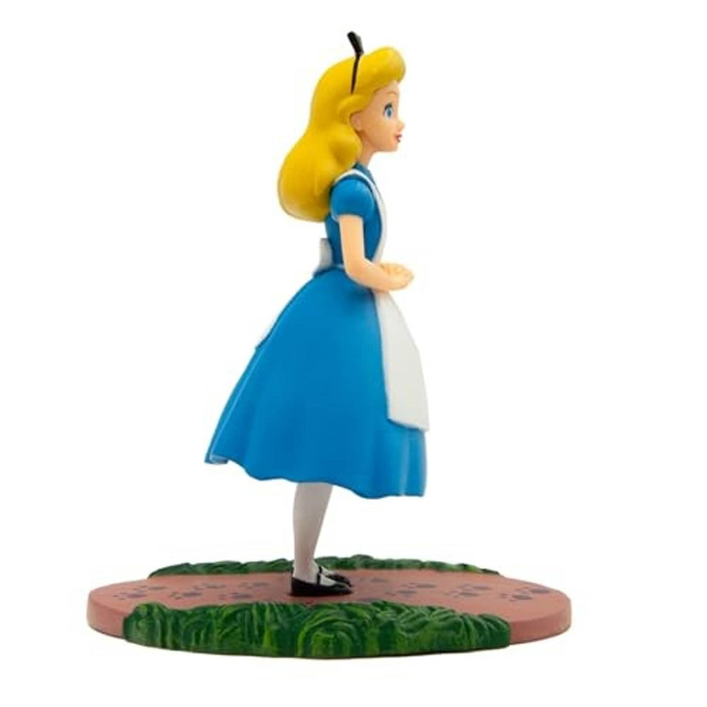 Bullyland Alice cake topper figure side view in blue dress with white apron on round base