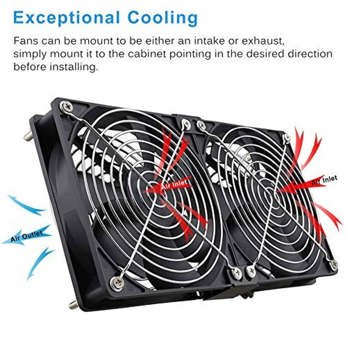 Dual 120mm cooling fans showing airflow directions with intake and outlet arrows