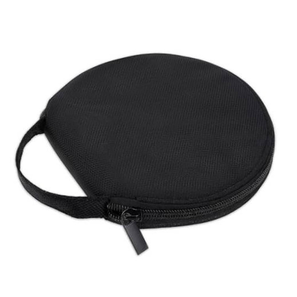 Black round CD/DVD storage case with zipper and carrying strap, textured fabric pouch