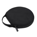 Black round CD/DVD storage case with zipper and carrying strap, textured fabric pouch