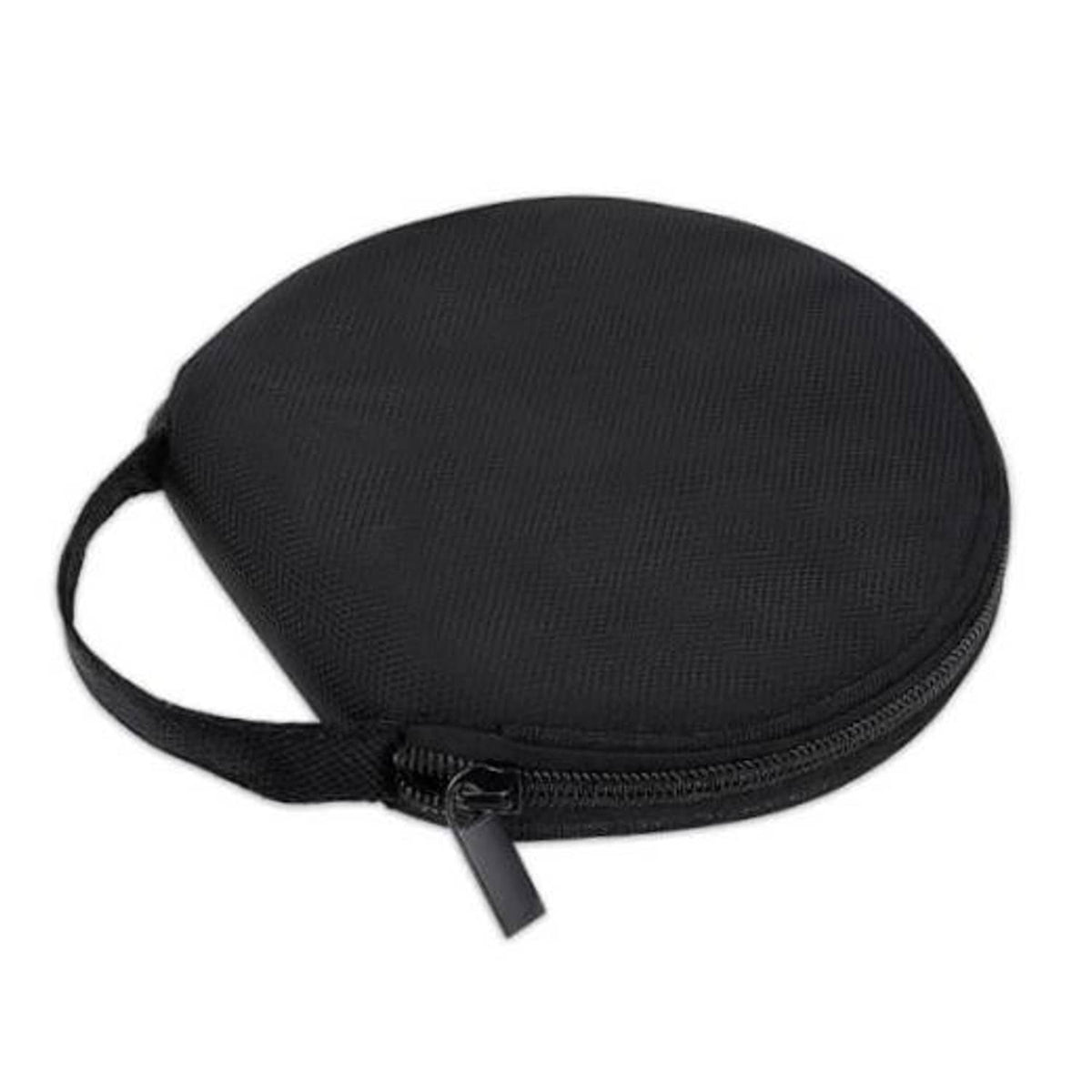 Black round CD/DVD storage case with zipper and carrying strap, textured fabric pouch