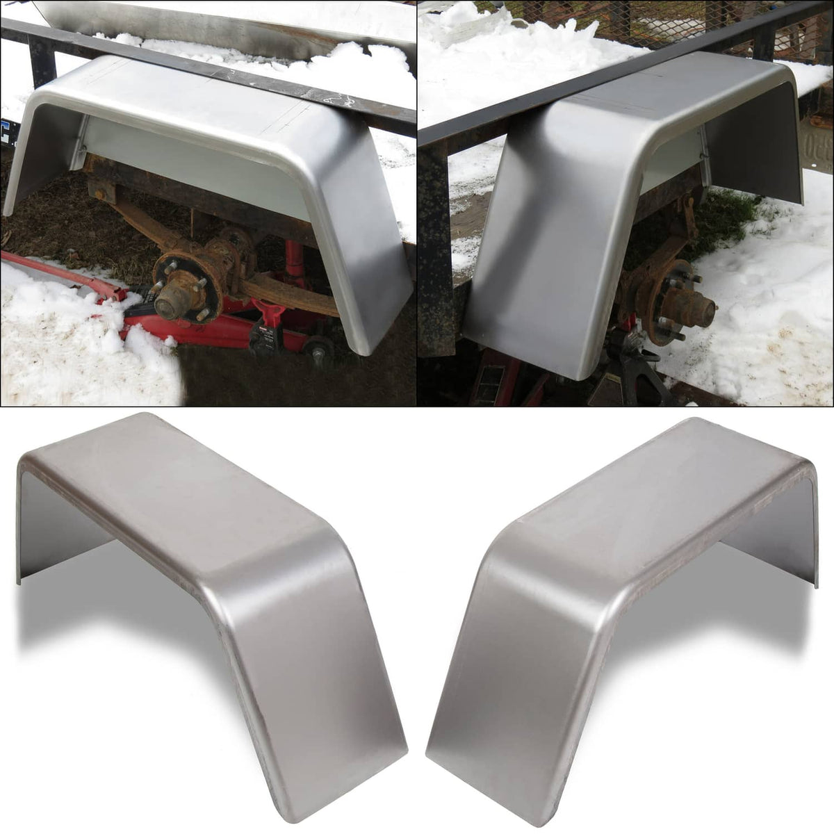 Pair of light gray trailer wheel fenders shown installed and on a white background