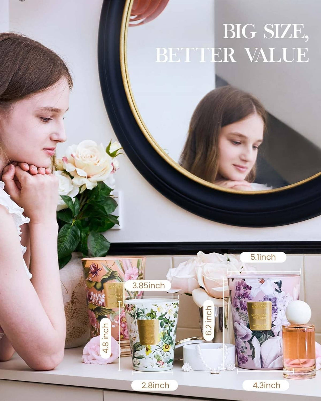 Roasted coffee soy candle size comparison graphic with floral glass jars