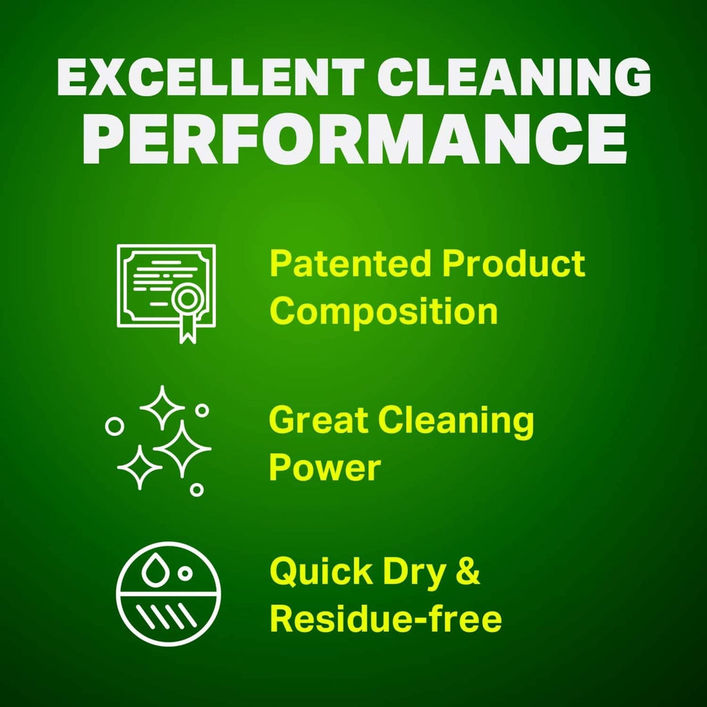 BW-100 cleaning performance infographic with quick-dry and residue-free icons