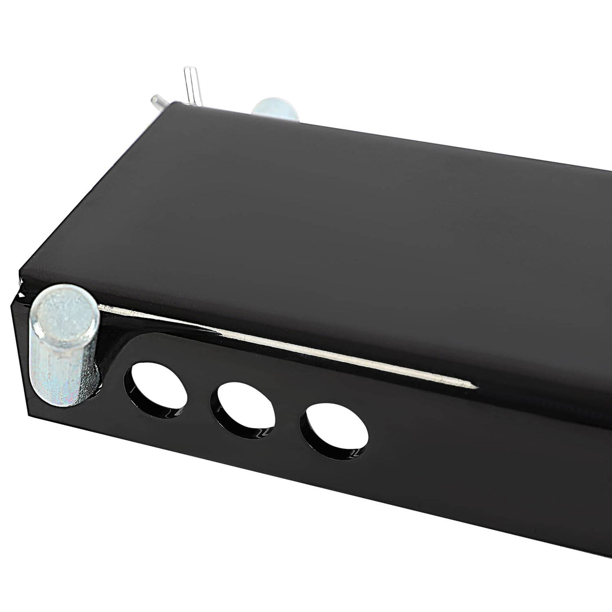 Close-up of black D-ring bracket with three round mounting holes and mounting hardware