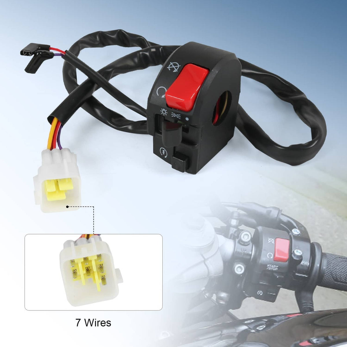 Motorcycle handlebar switch with red rocker control and multi-wire connector plugs