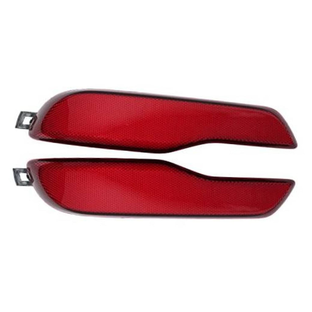 Red rear bumper reflector set with black mounting tabs, driver and passenger sides