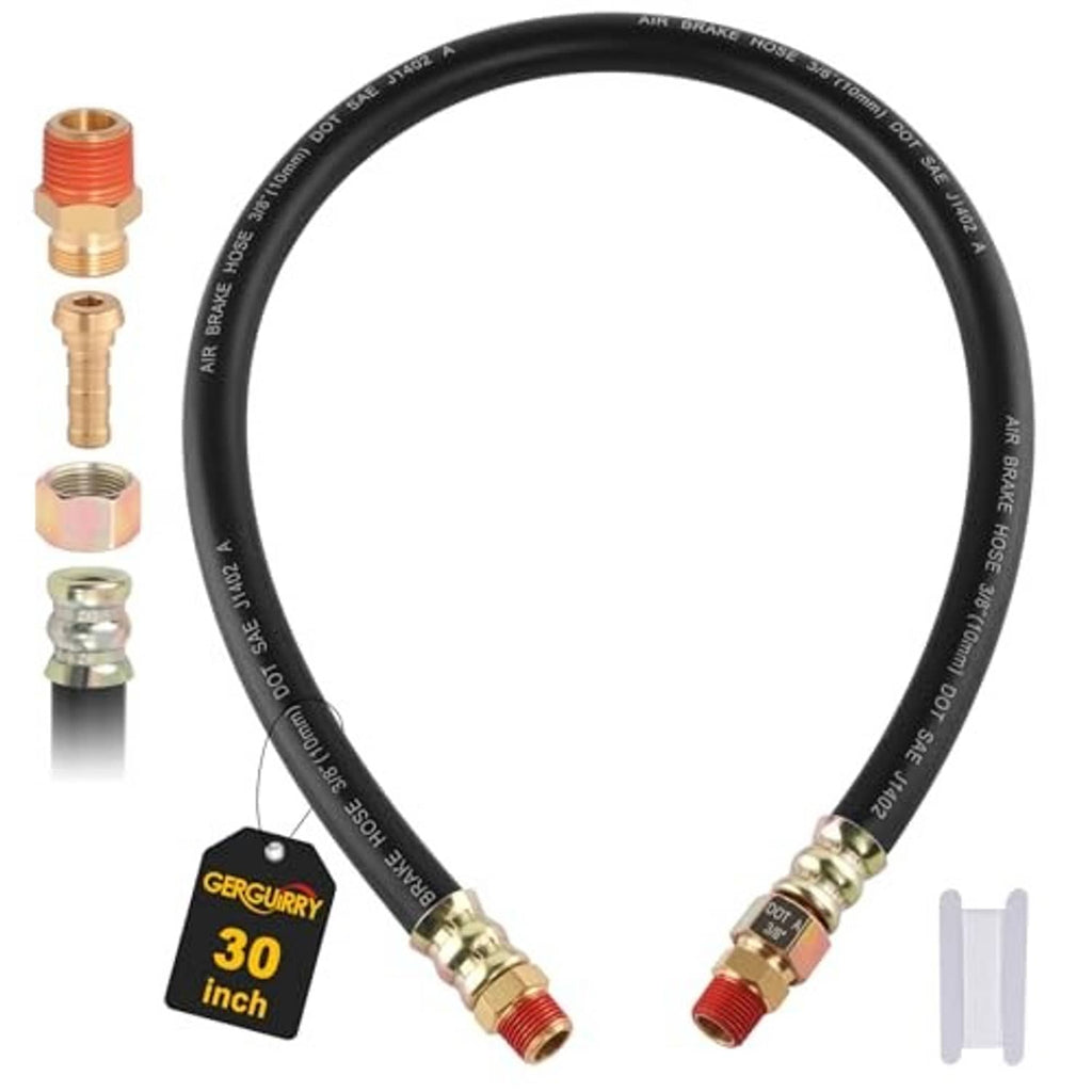 Black air brake hose with brass end fittings, red threads, and a white mounting clip.