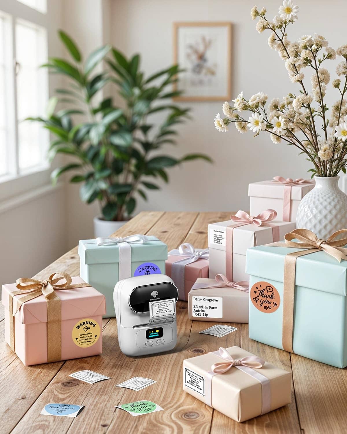 White label printer with printed label cards among gift boxes