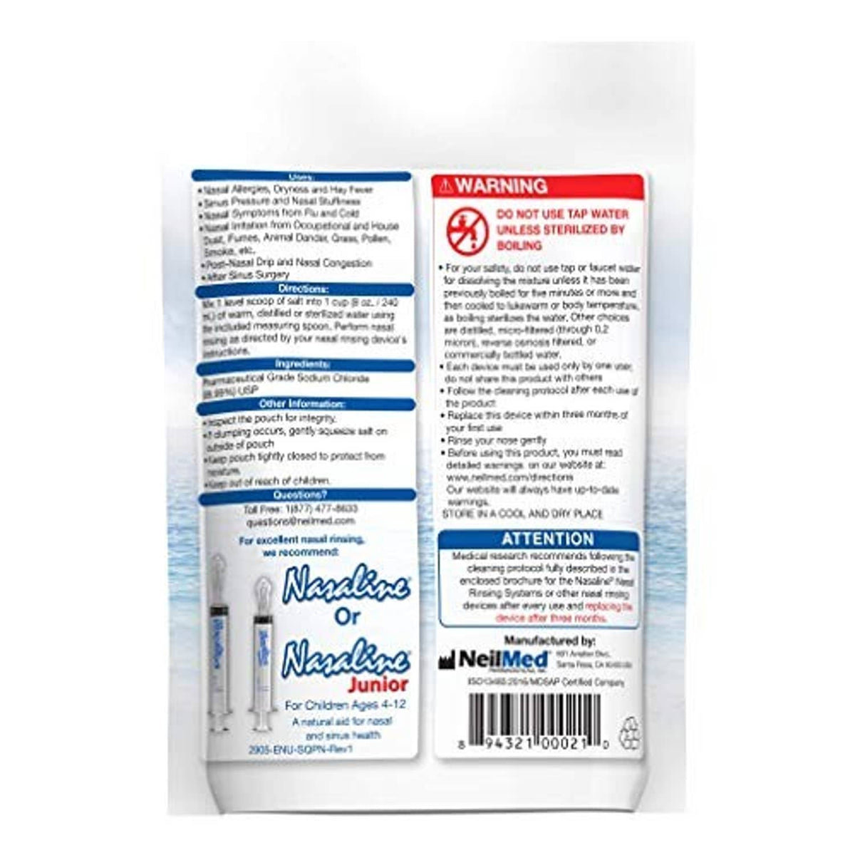 Saline solution salt pouch back panel with directions, warnings, and ingredients