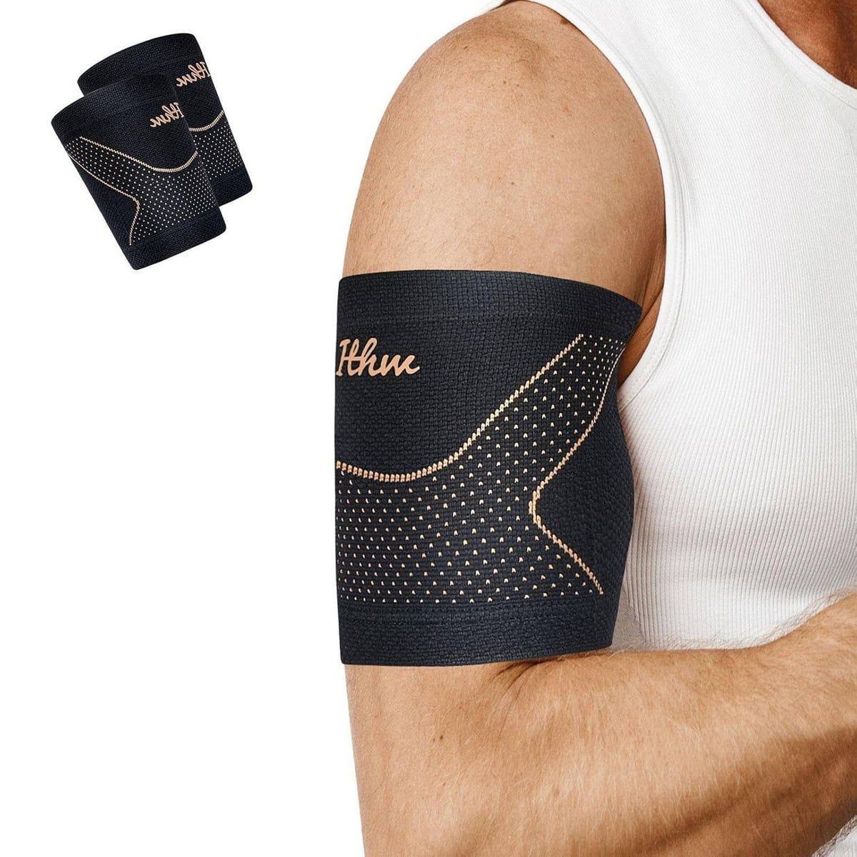 Black bicep compression sleeve with copper dotted arc on upper arm, side view