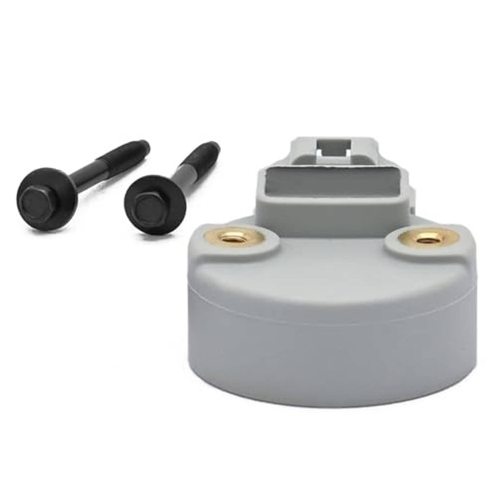 Camshaft position sensor with rounded gray base, gold mounting pins, and three screws