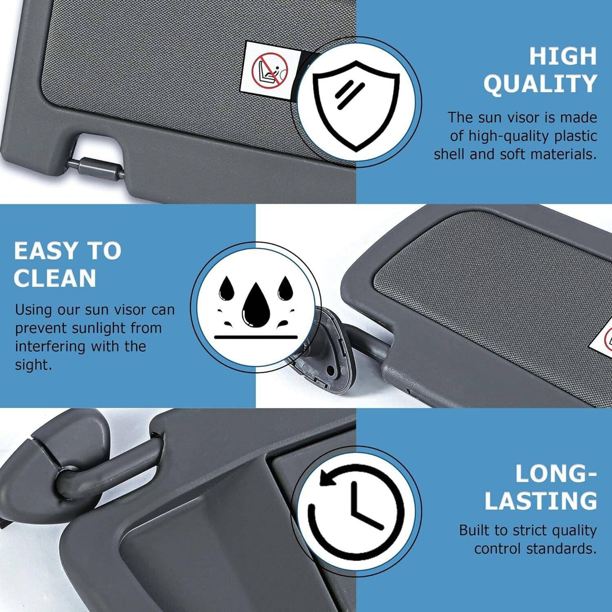 Dark gray car sun visor set showing hinge clip and fabric-texture visor face
