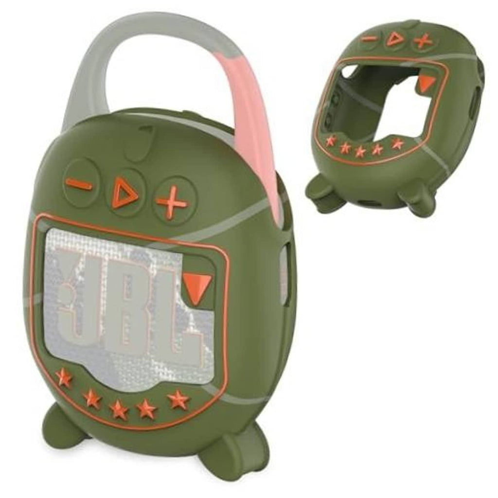 Olive silicone speaker case with handle, clear window, and red star-trim design