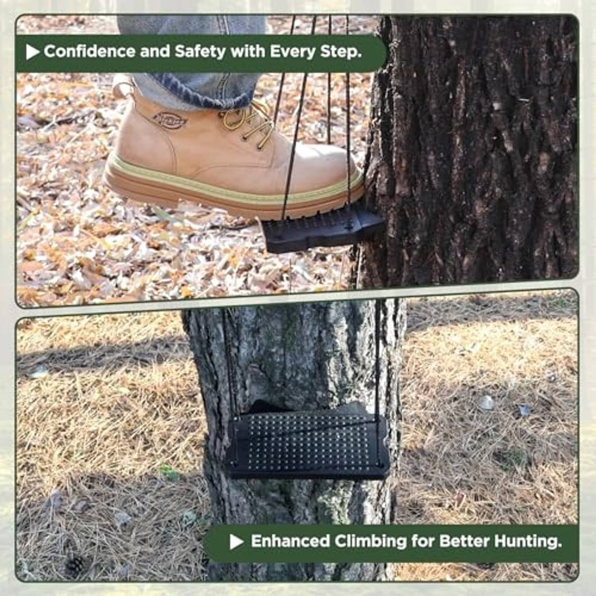 Black textured footplate with hanging ropes supporting a boot against a tree trunk