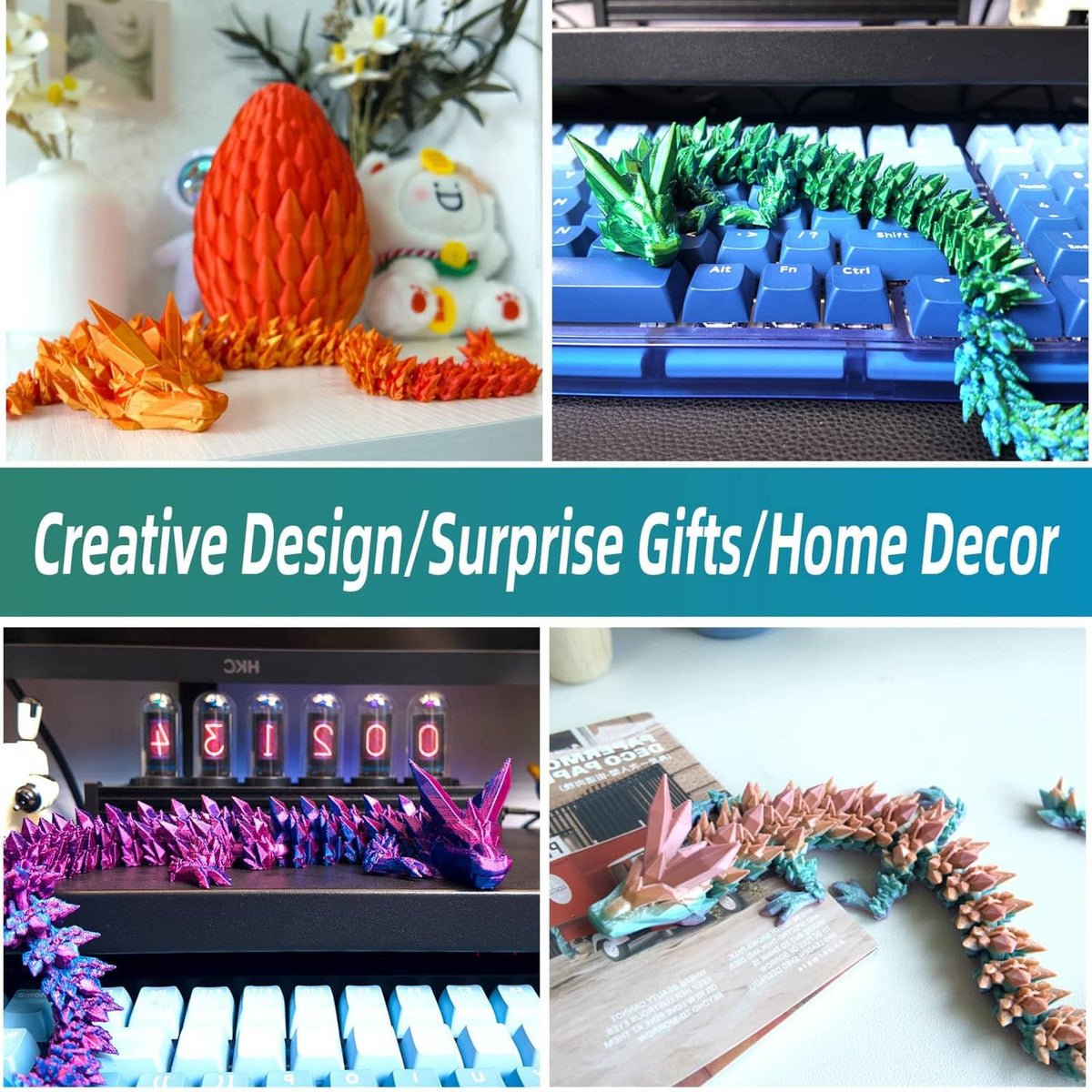 Blue green dragon egg shown as home decor display with other dragon eggs