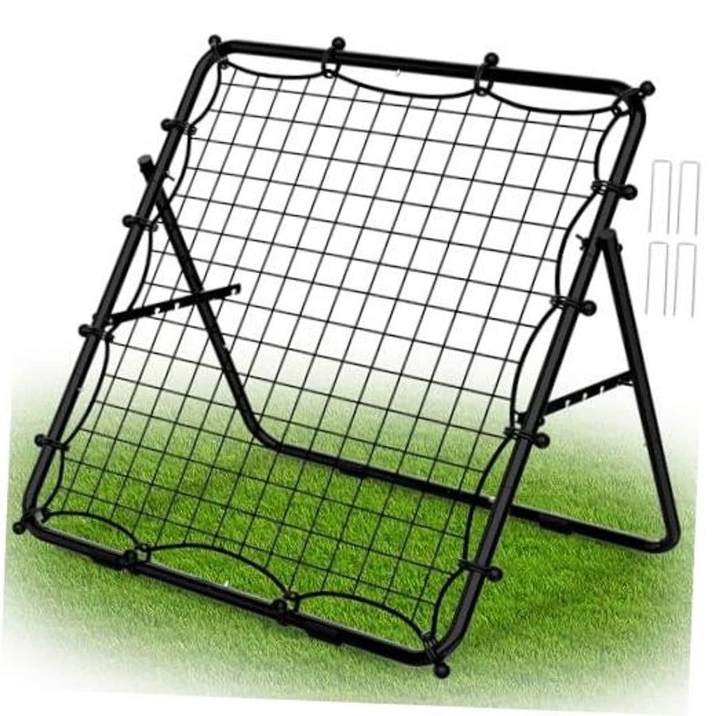 Portable rebounder net with black frame, white grid mesh, and green base net