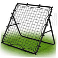 Portable rebounder net with black frame, white grid mesh, and green base net