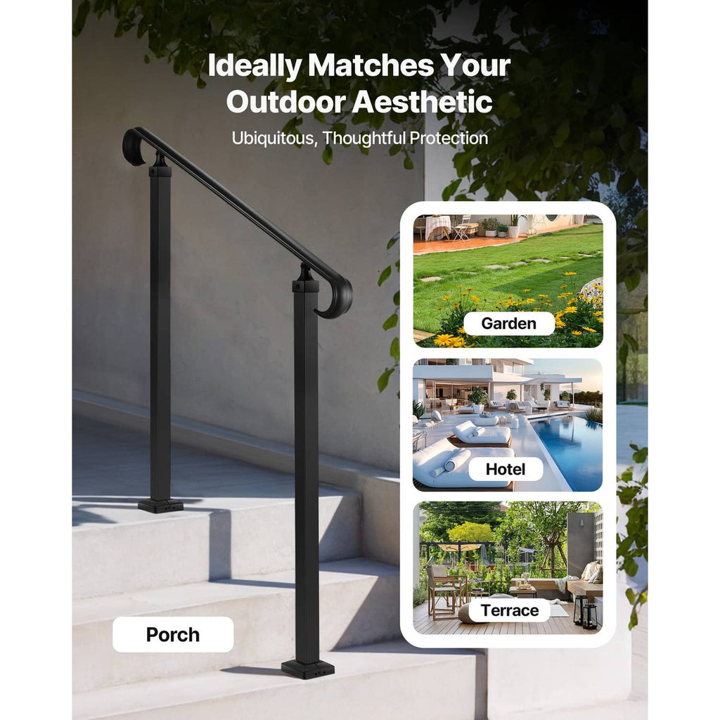 Black outdoor stair handrail with two posts and curved grip rail for porch steps
