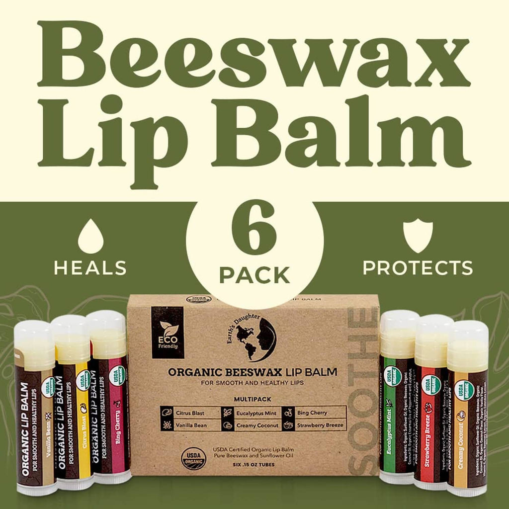 Organic beeswax lip balm 6-pack showing clear tubes and labeled sticks