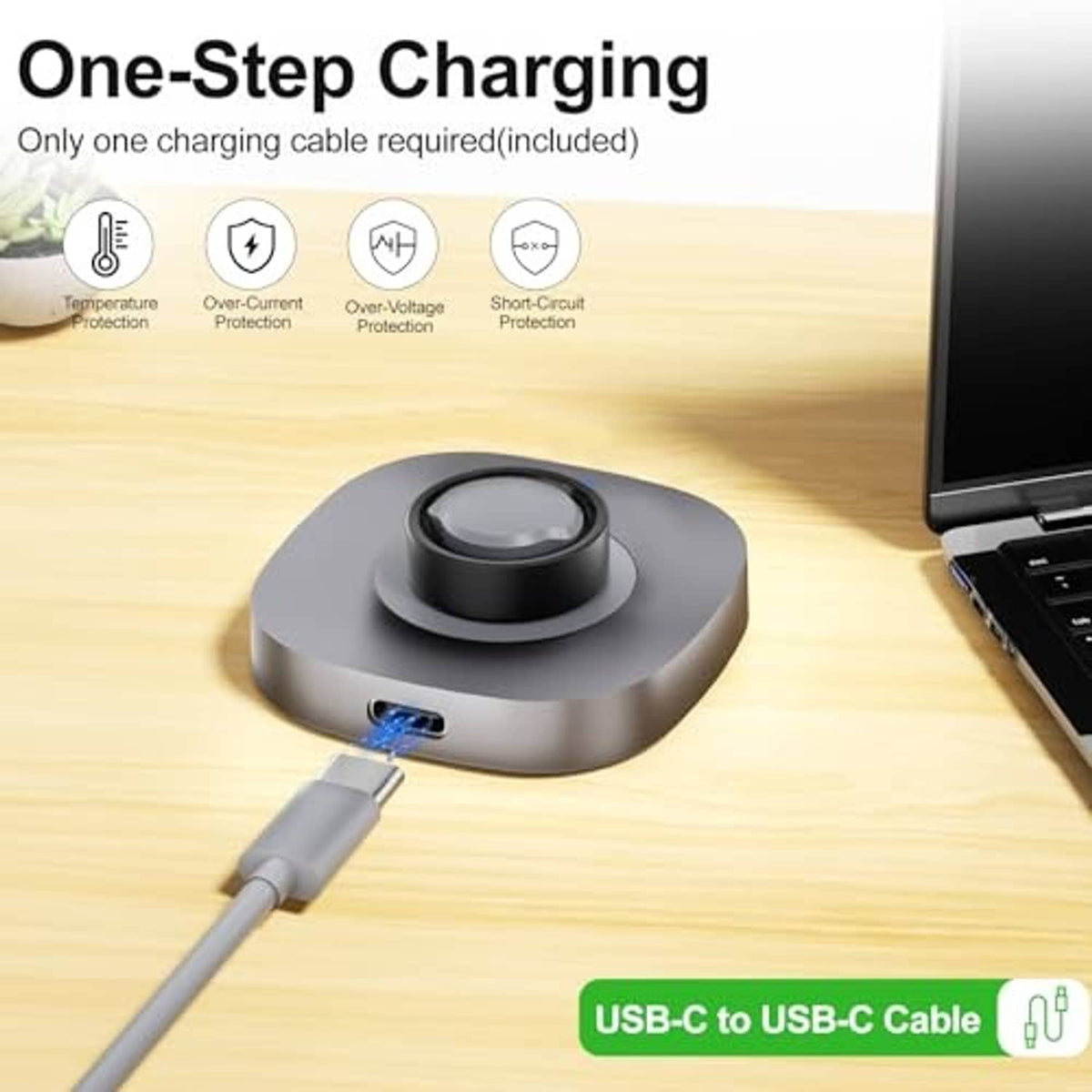 Round charging base with USB-C to USB-C cable connected at the side