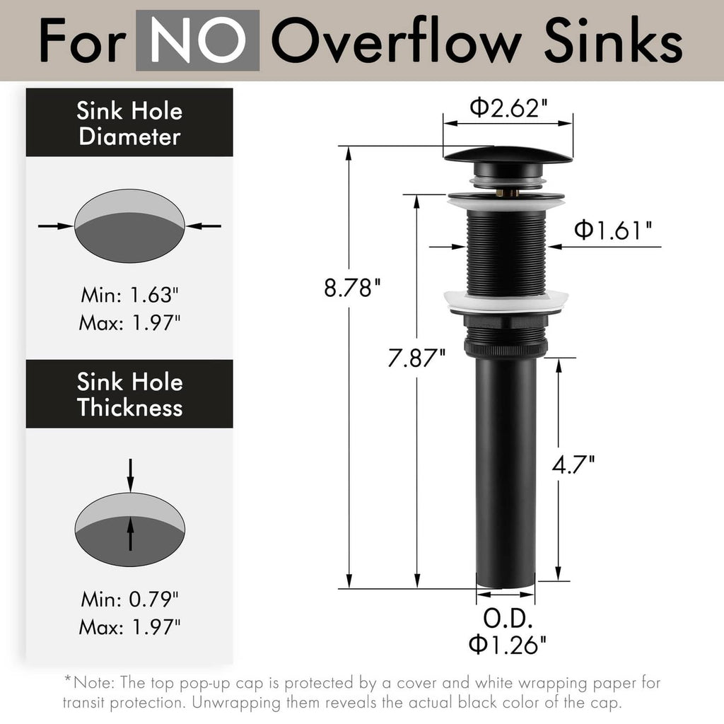 Matte black sink pop-up drain stopper with dimensions for fitting a drain hole