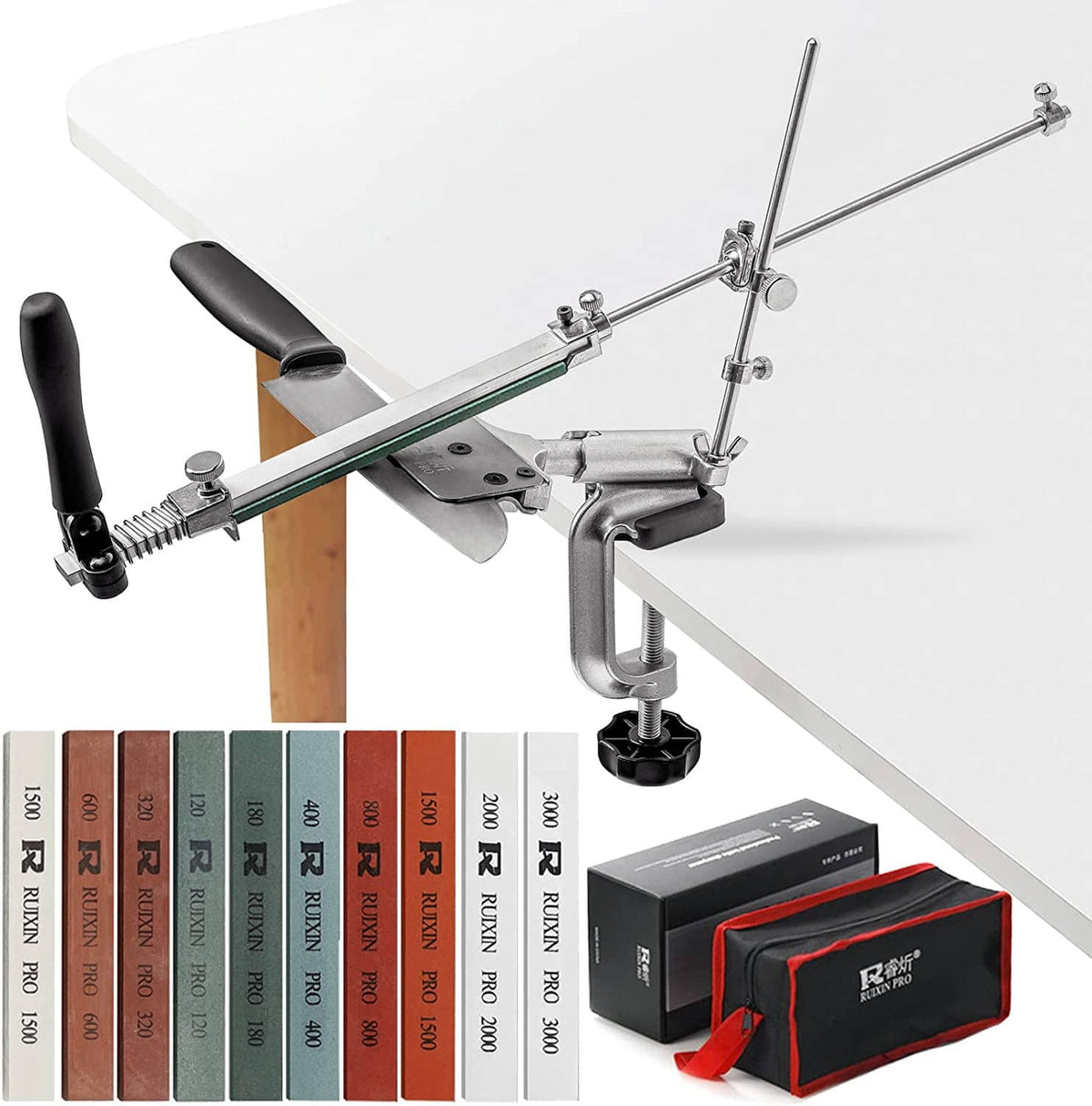 Knife sharpener stand with metal frame, black grip, whetstones set, and boxed accessory case