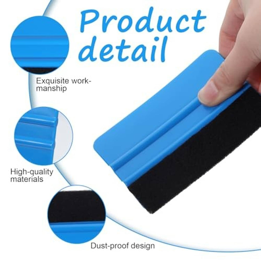 Blue handle vinyl squeegee with black felt working edge, close-up detail of pad.