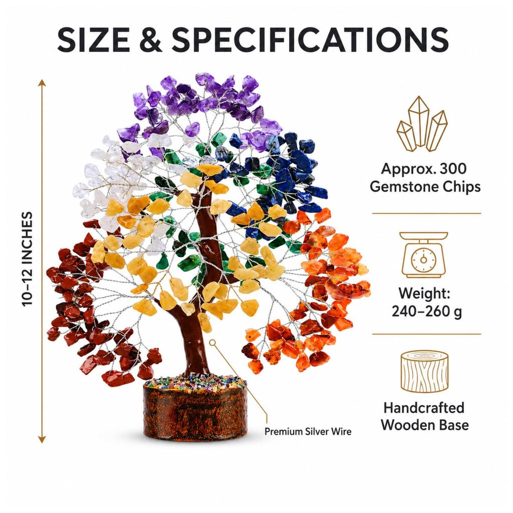 Seven-chakra gemstone chip crystal tree with silver wire branches on wooden base