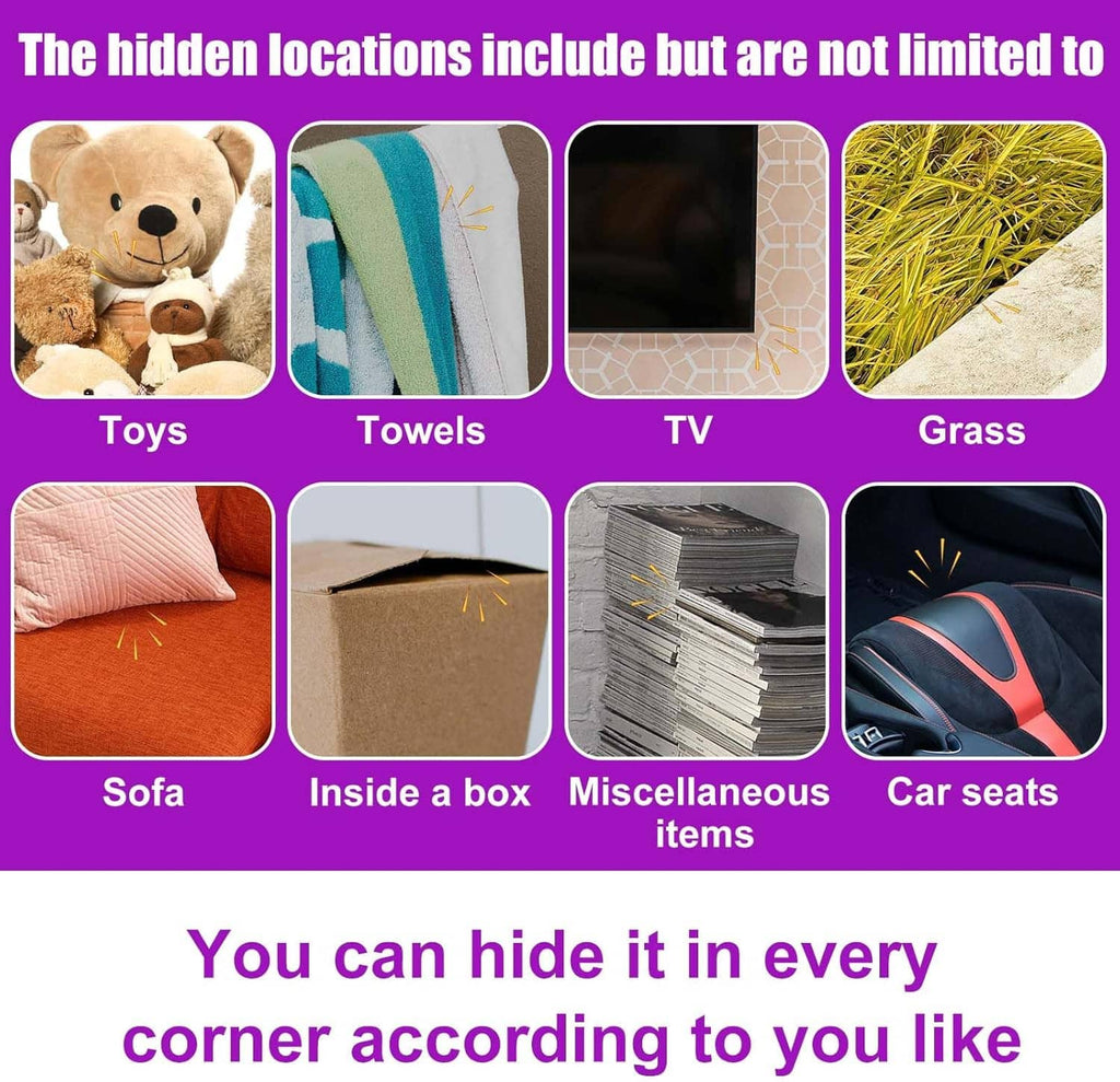 Prank sound device hiding options collage with labeled icons like Toys and TV