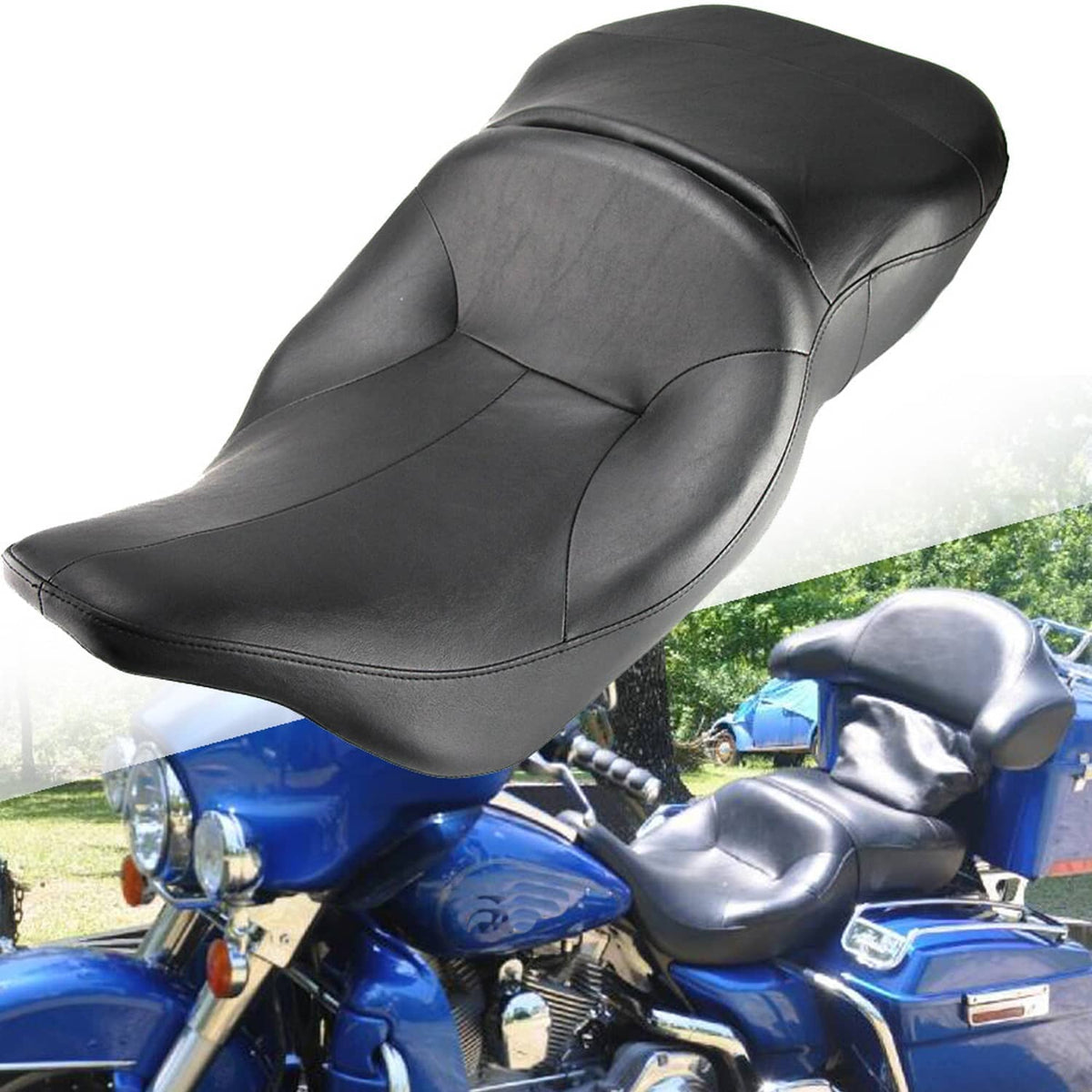 Black passenger motorcycle seat with padded back support and smooth stitched top