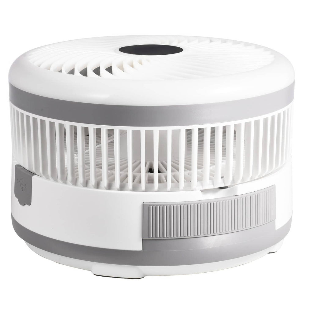 White desk fan head close-up with vent grille and control panel on base