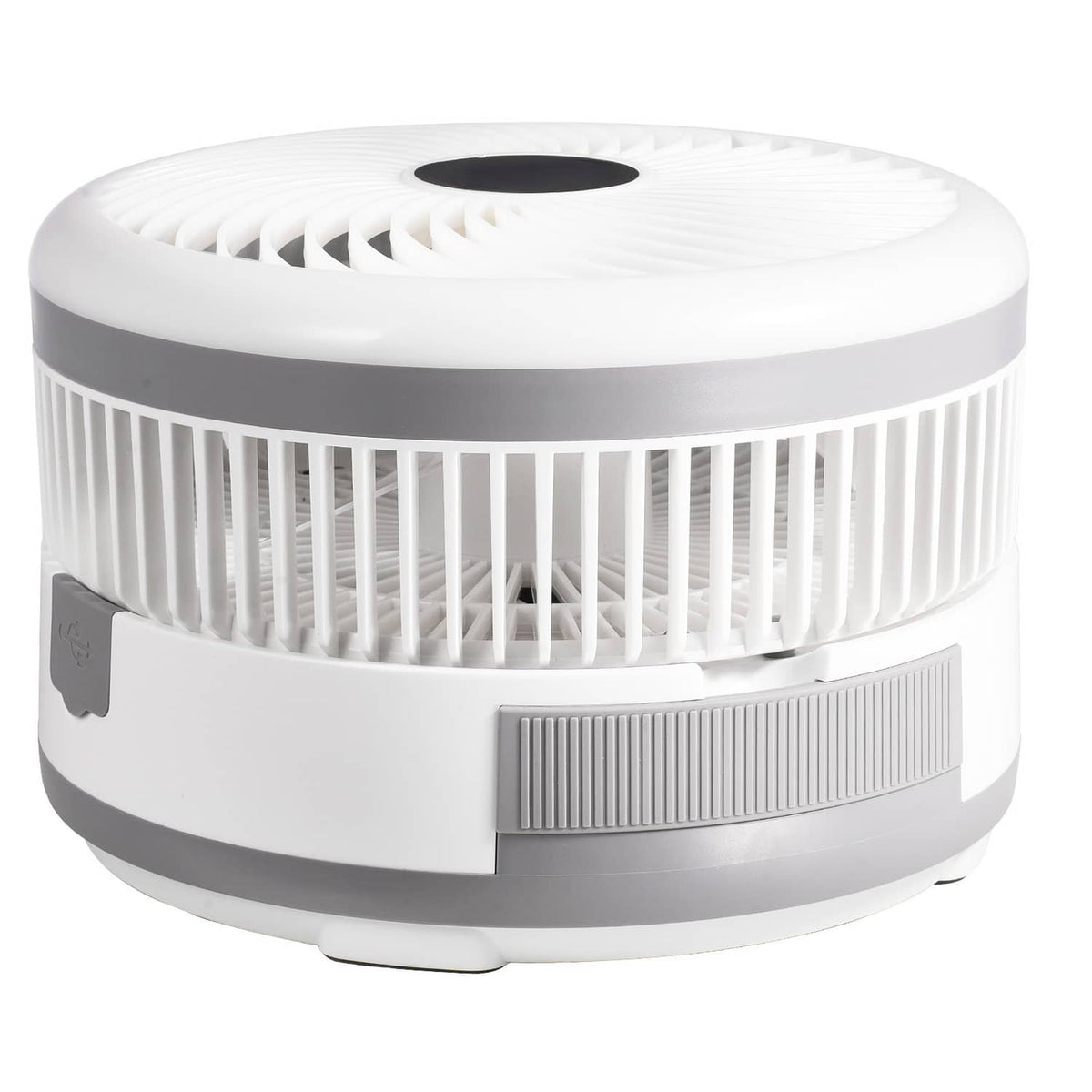 White desk fan head close-up with vent grille and control panel on base