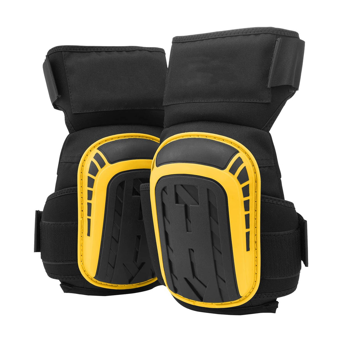 Pair of black-and-yellow knee pads with cushioned backing and anti-slip plates