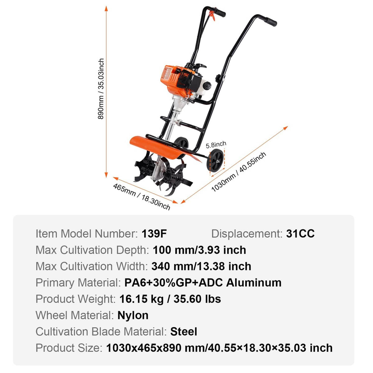 Gas powered tiller cultivator with size dimensions diagram and engine-tine configuration
