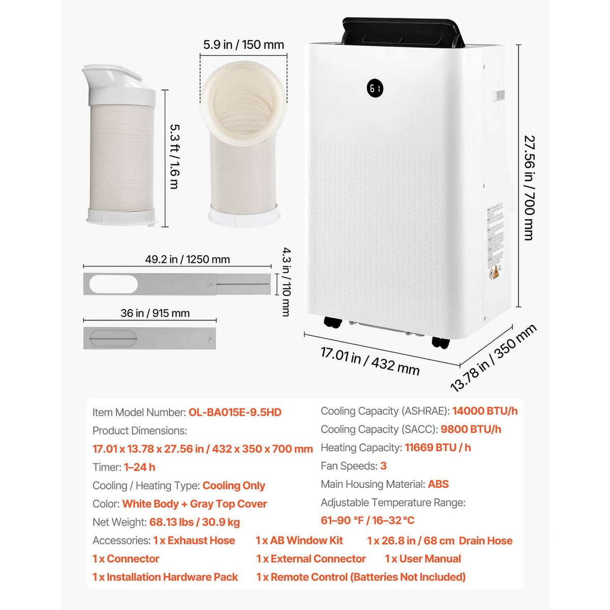 Portable air conditioner heater combo, white unit with exhaust hose and side intake connections