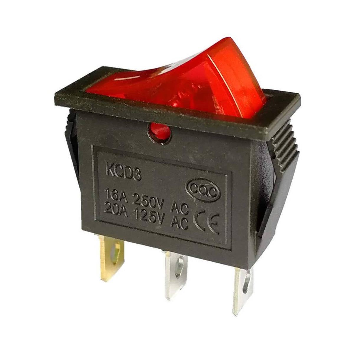 Red illuminated on-off SPST rocker switch with 3-pin terminals and side view