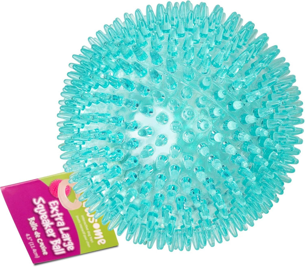 Spiky squeaker dog ball, turquoise-blue textured rubber with tag and raised spikes