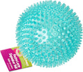 Spiky squeaker dog ball, turquoise-blue textured rubber with tag and raised spikes