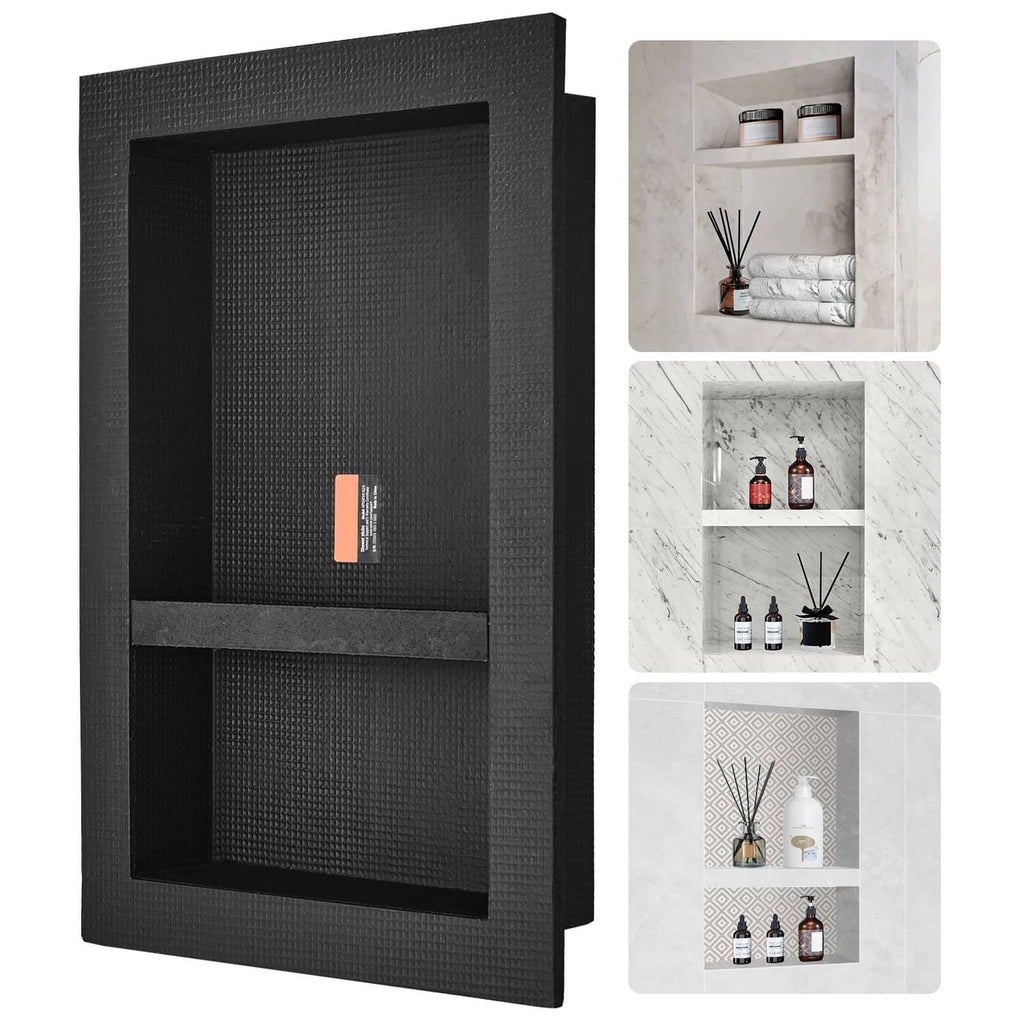Black double recessed shower niche with divider shelf for toiletries in a tiled wall
