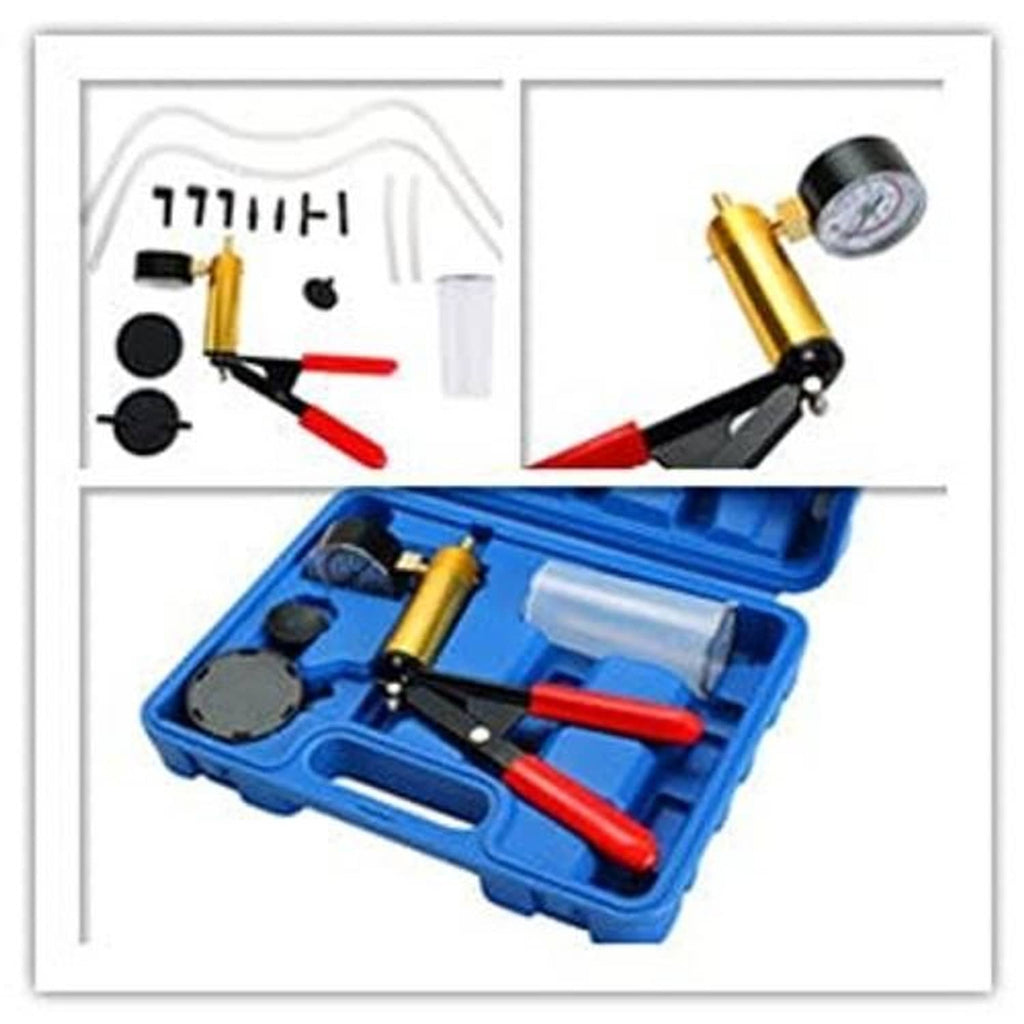 Vacuum pump tester kit shown with components and tools in blue case